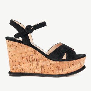 Prada Nero Scamosciato Suede Cork Wedge Sandals